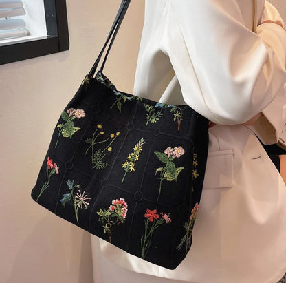 Embroidered Botanical Tote Bag Blackbrdstore