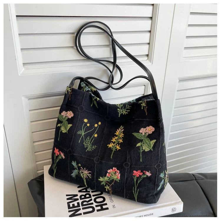 Embroidered Botanical Tote Bag Blackbrdstore