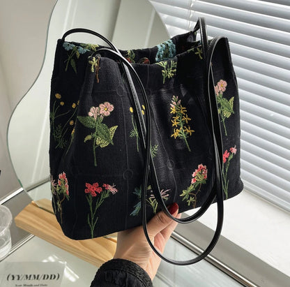 Embroidered Botanical Tote Bag Blackbrdstore