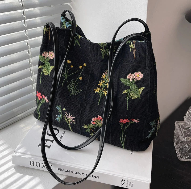 Embroidered Botanical Tote Bag Blackbrdstore