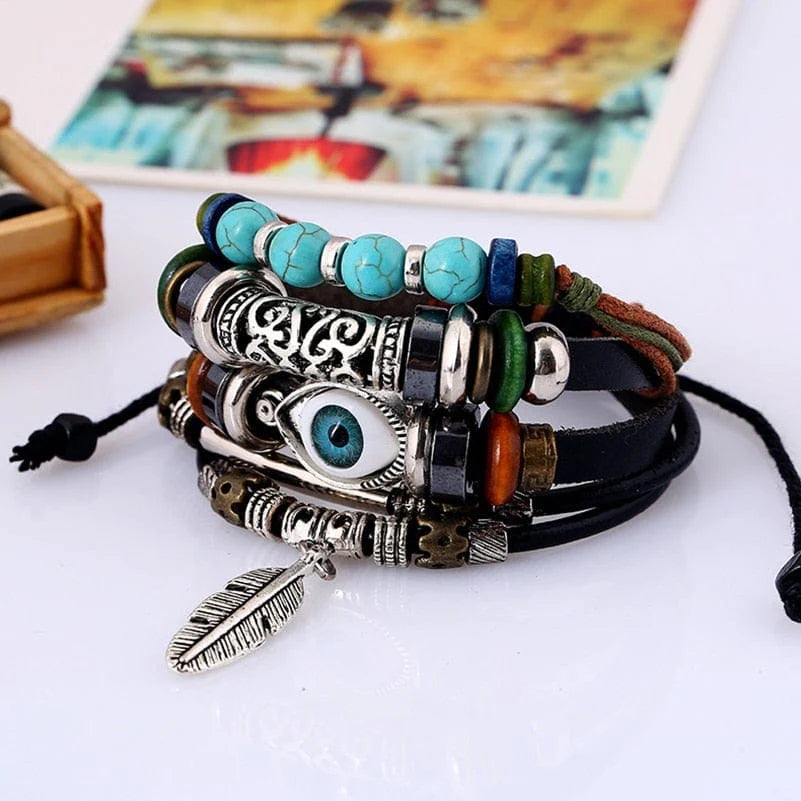 Feather Charm with Eye and Turquoise Beads Bracelet Blackbrdstore