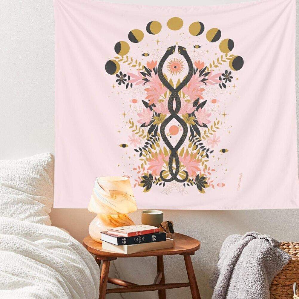 Floral Pink Moon Phase Tapestry Blackbrdstore