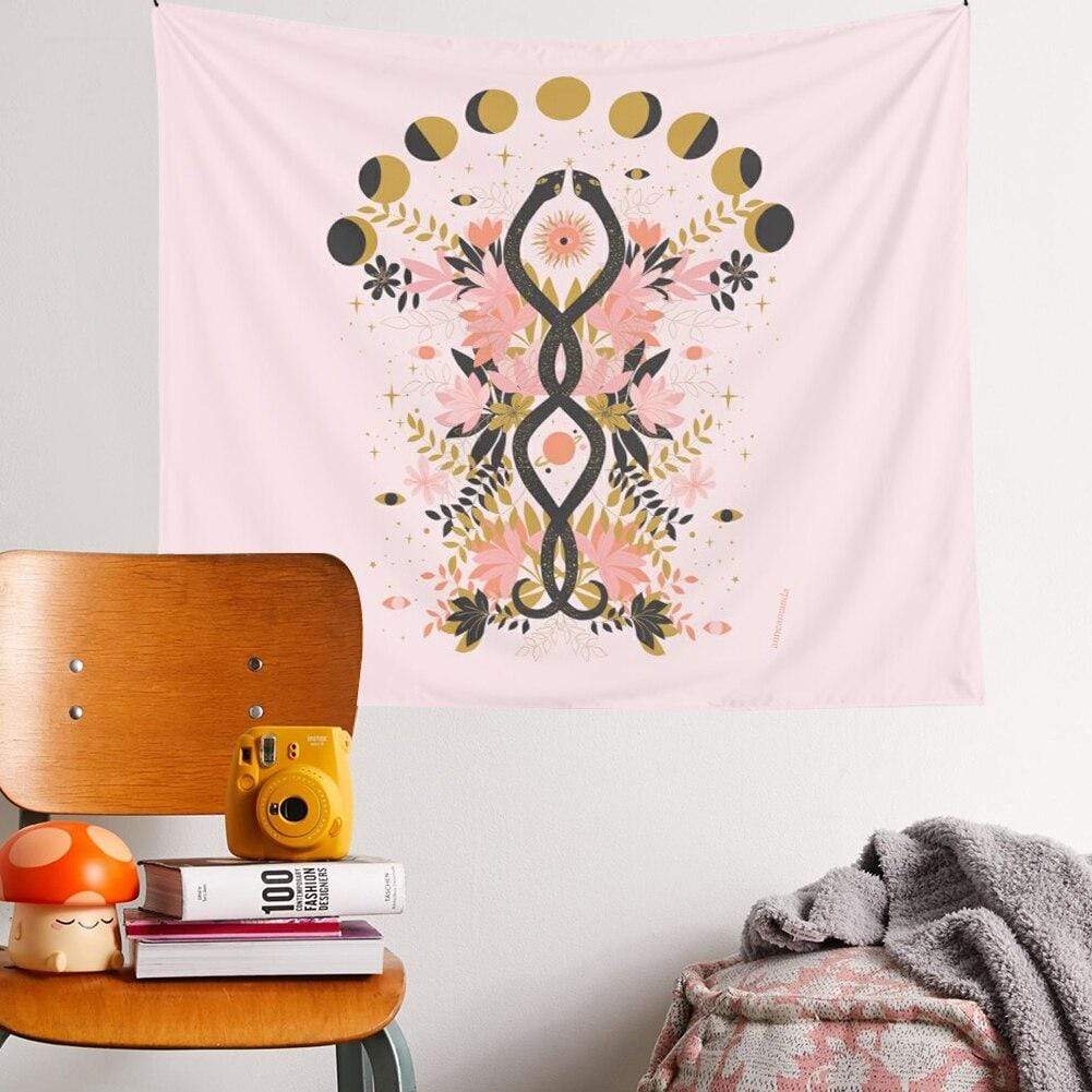Floral Pink Moon Phase Tapestry Blackbrdstore