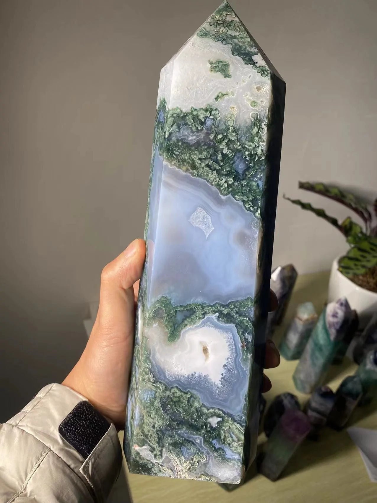 Large Moss Agate Crystal Tower Blackbrdstore