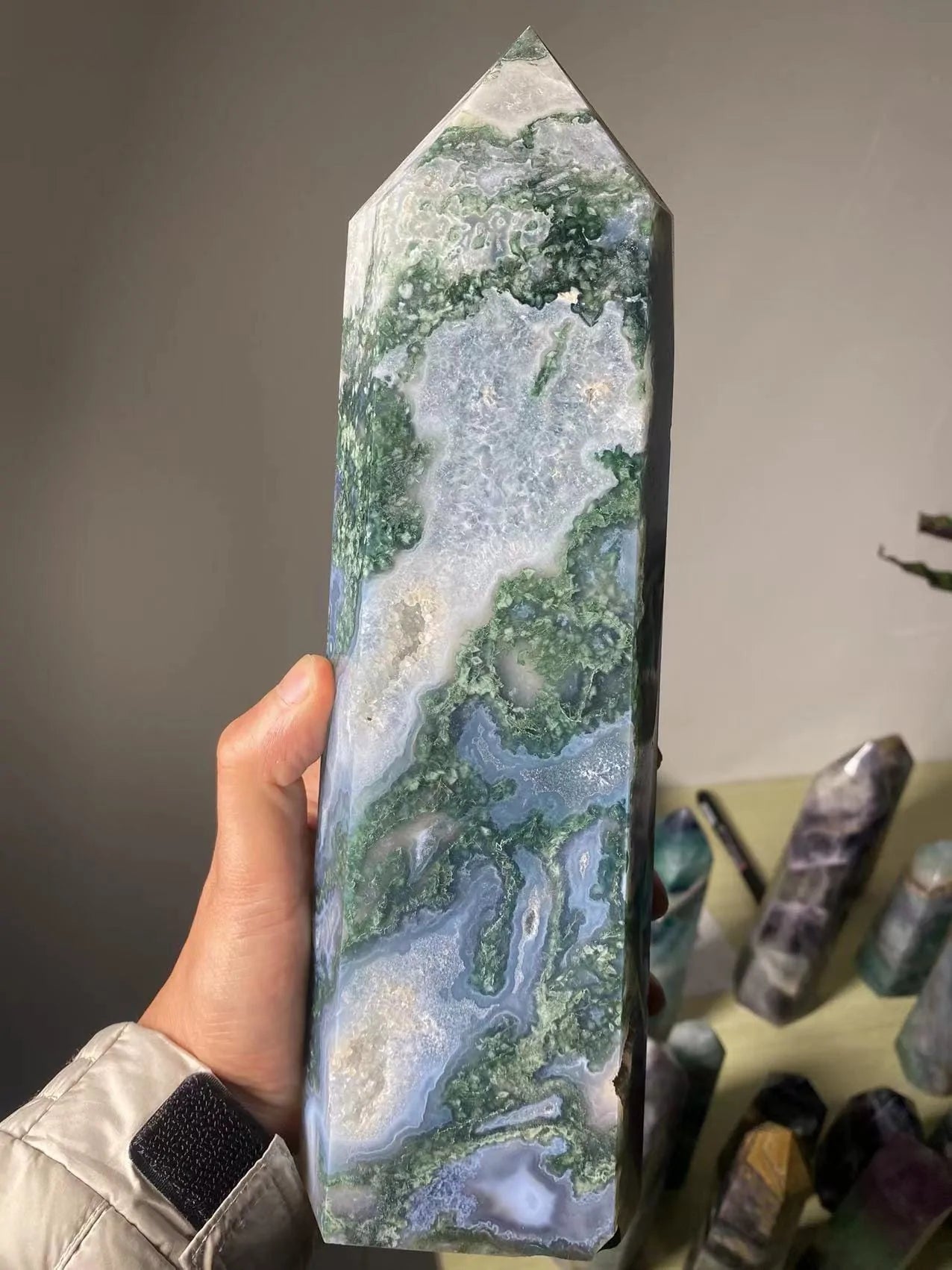 Large Moss Agate Crystal Tower Blackbrdstore