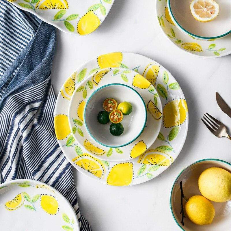 Lemon Print Ceramic Bowls Plate Blackbrdstore