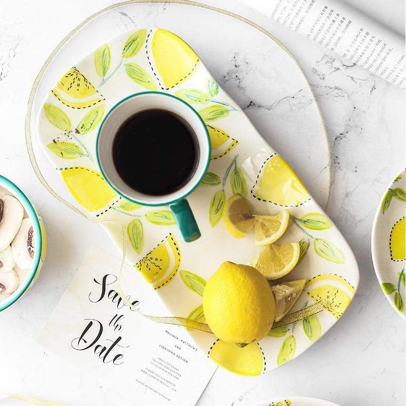 Lemon Print Ceramic Bowls Plate Blackbrdstore