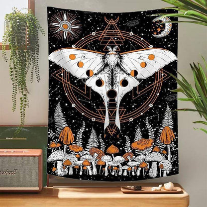 Moon Phase Mushroom Moth Tapestry Blackbrdstore