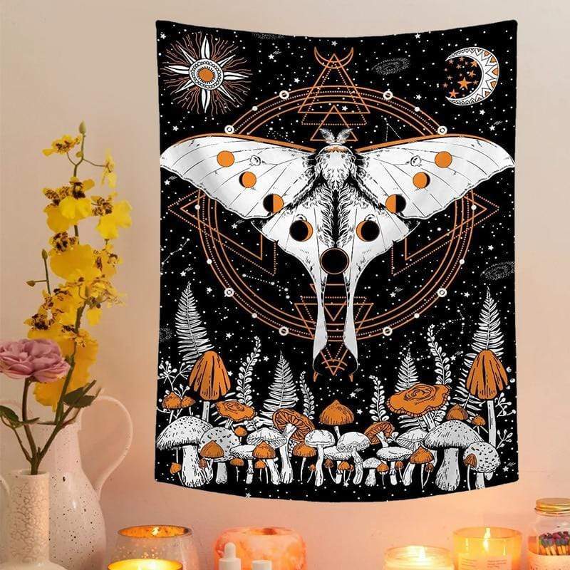 Moon Phase Mushroom Moth Tapestry Blackbrdstore