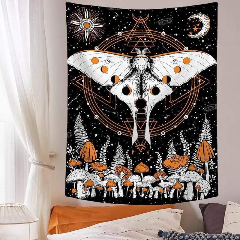 Moon Phase Mushroom Moth Tapestry Blackbrdstore