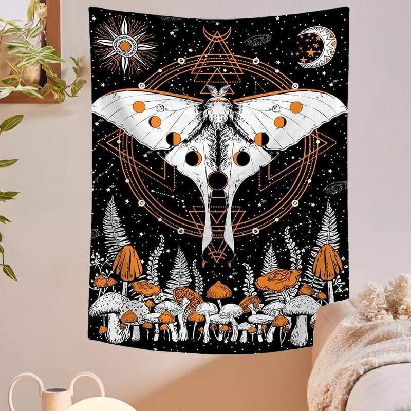 Moon Phase Mushroom Moth Tapestry Blackbrdstore