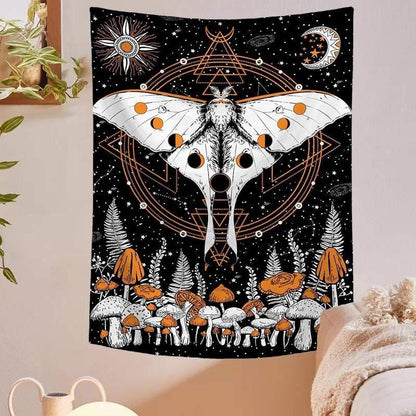 Moon Phase Mushroom Moth Tapestry Blackbrdstore