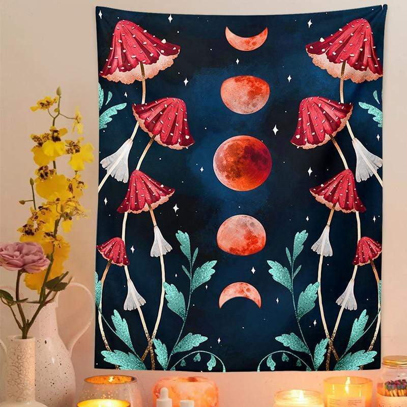 Moon Phase Mycology Mushroom Tapestry Blackbrdstore