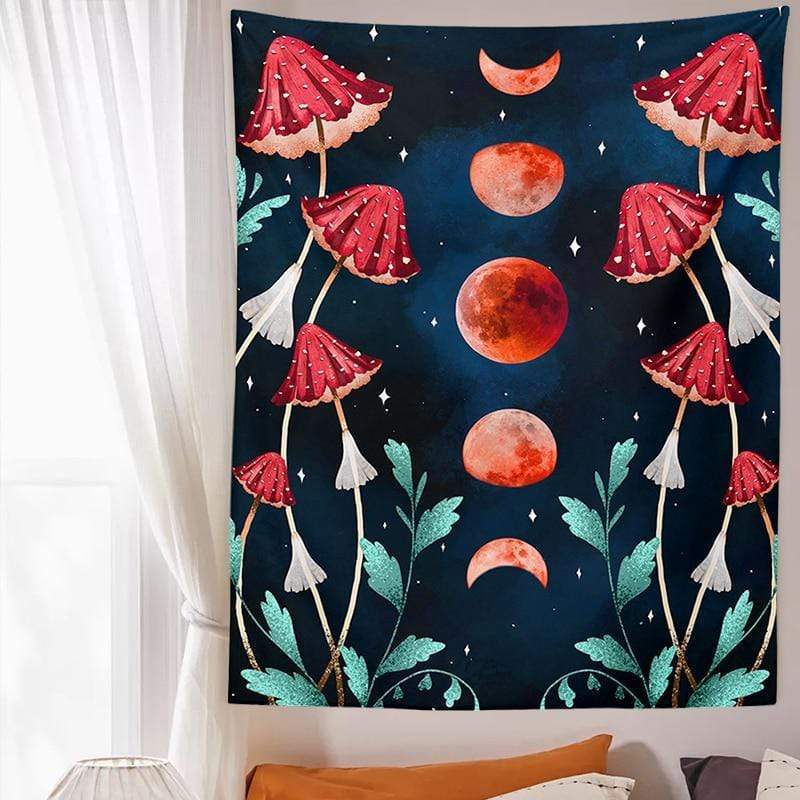 Moon Phase Mycology Mushroom Tapestry Blackbrdstore