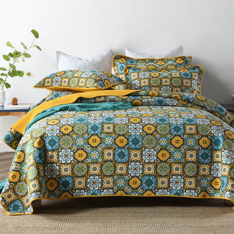 Mosaic Cotton Quilt Bedspread Set Blackbrdstore
