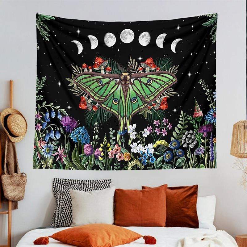 Mushroom Trippy Moth Tapestry Blackbrdstore