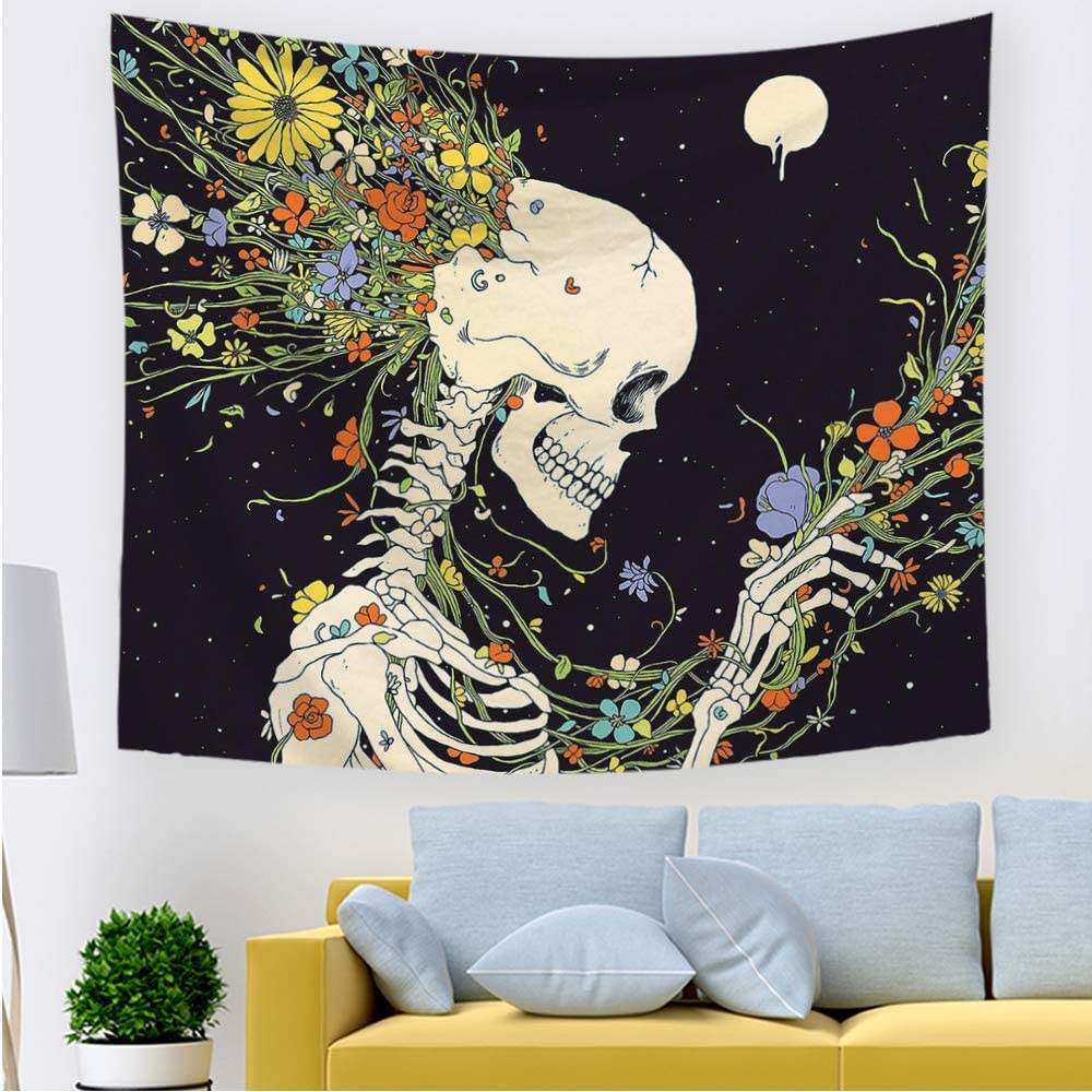 Psychedelic Gothic Flower Skull Tapestry Blackbrdstore