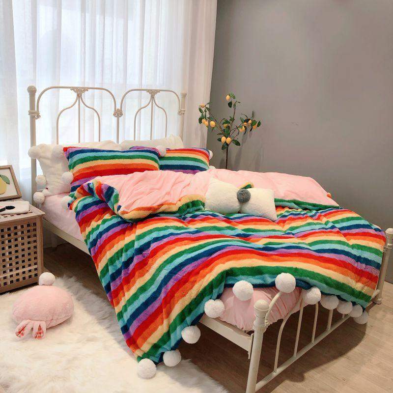 Rainbow Velvet Flannel Bedding Set Blackbrdstore