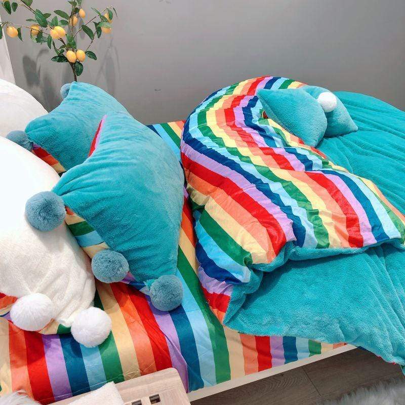 Rainbow Velvet Flannel Bedding Set Blackbrdstore
