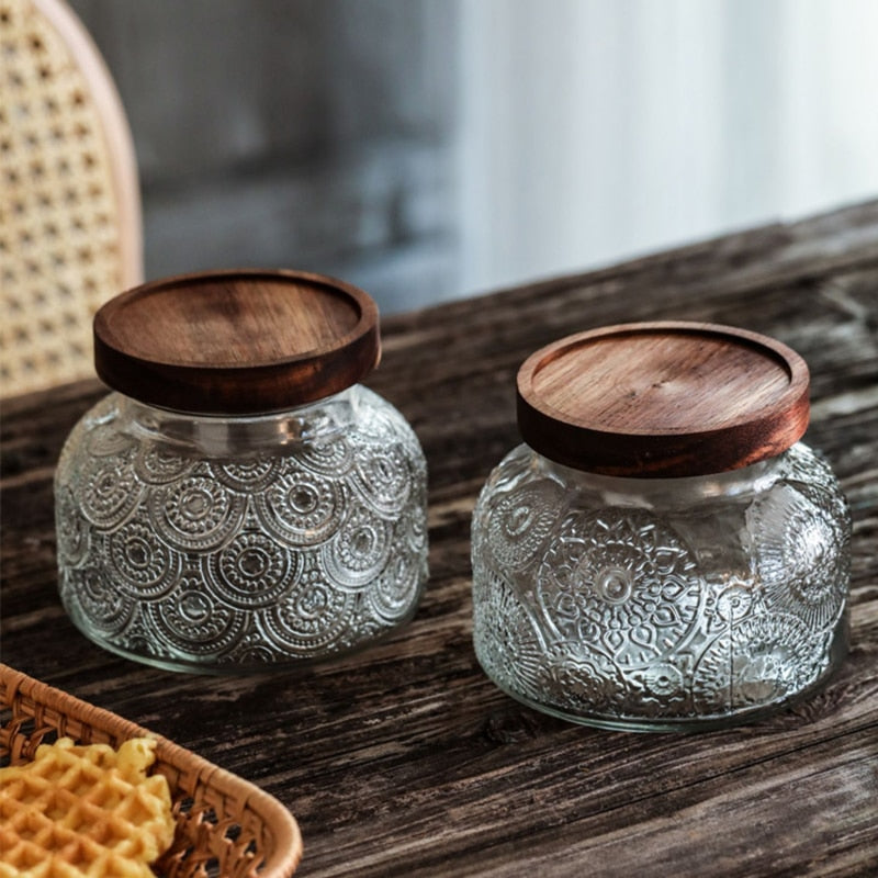 Retro Carved Wooden Lid Glass Jar