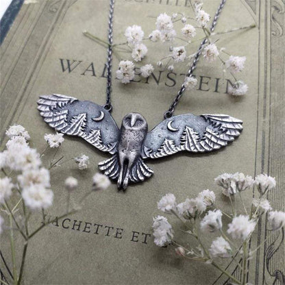 Silver Owl Moon Forest Necklace Blackbrdstore