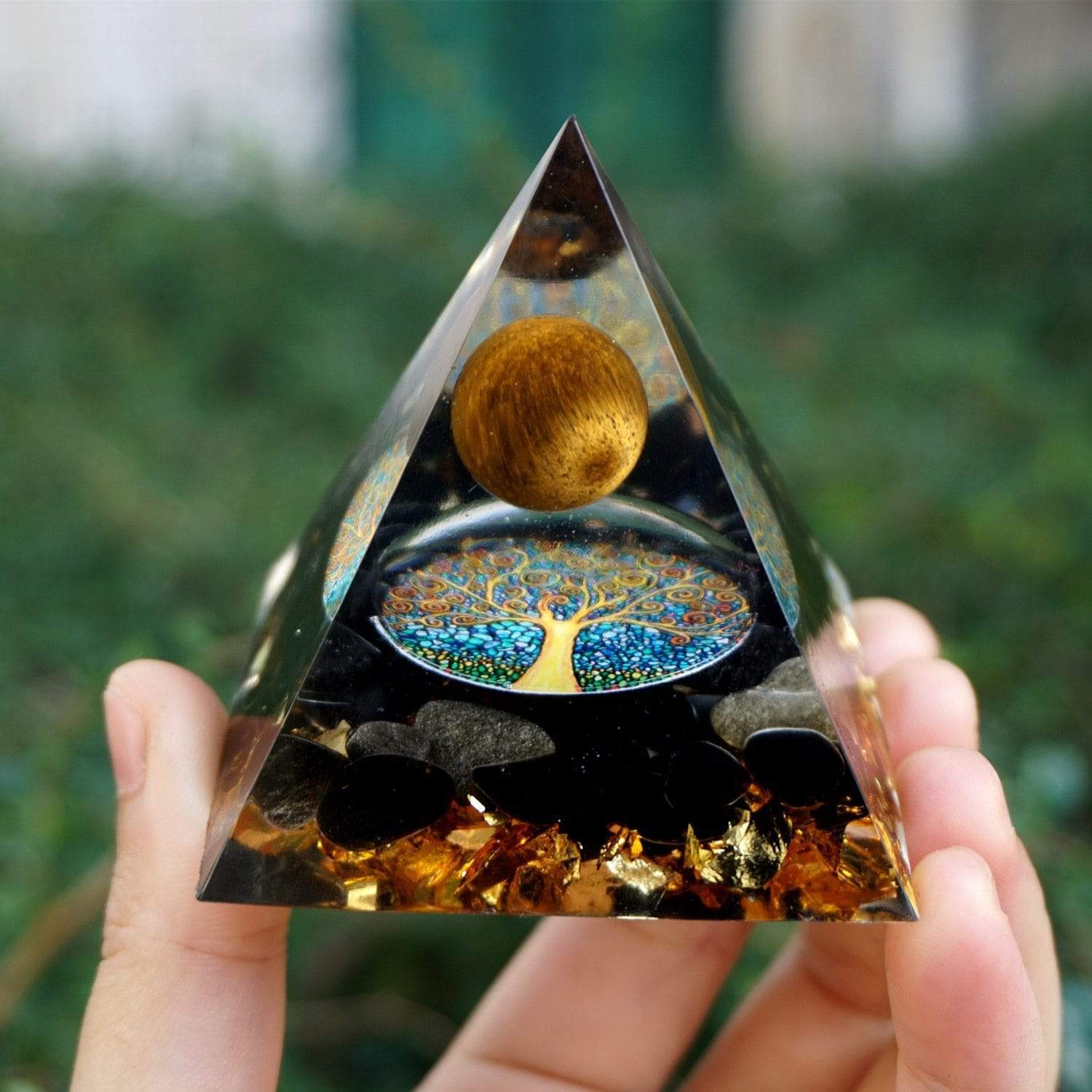 Tiger Eye Crystal Sphere & Obsidian Quartz Orgone Pyramid Blackbrdstore