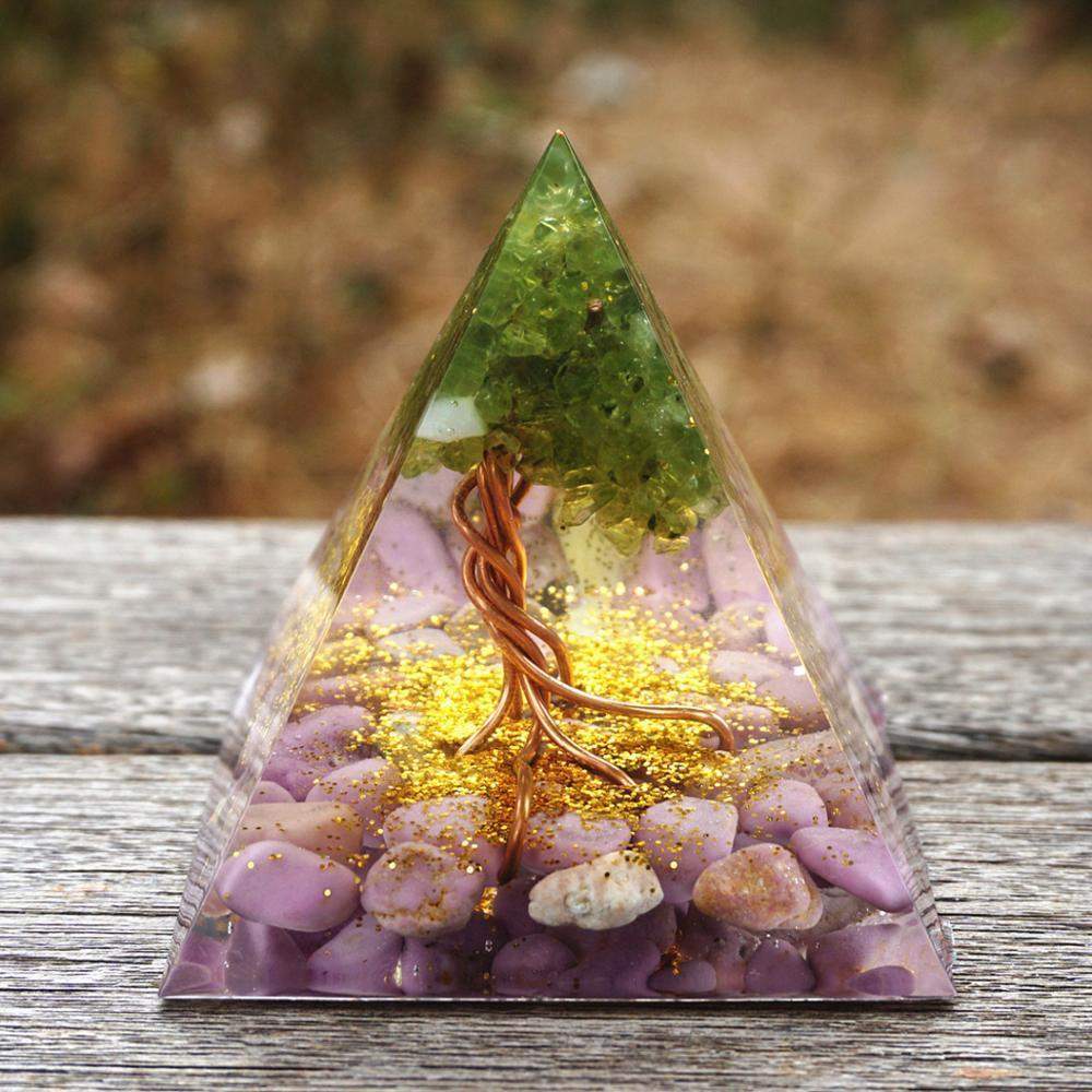 Tree of Life Peridot & Lepidolite Orgone Pyramid Blackbrdstore