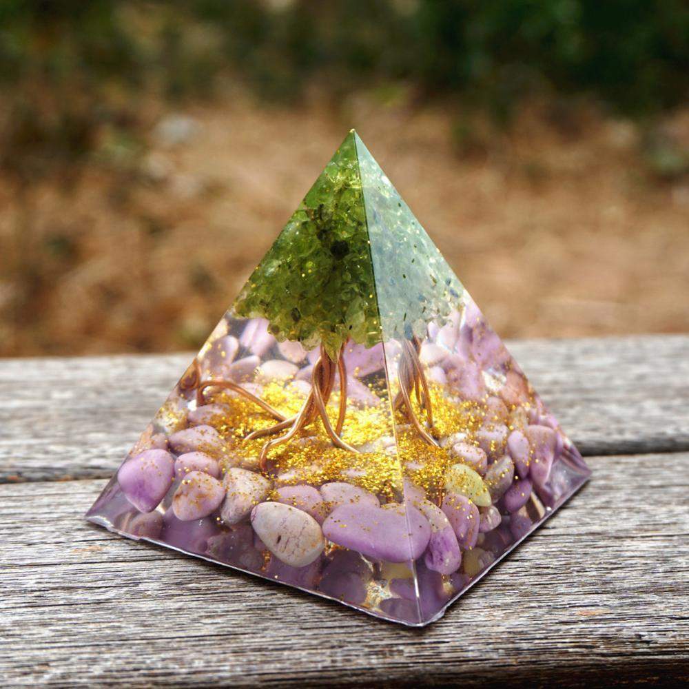 Tree of Life Peridot & Lepidolite Orgone Pyramid Blackbrdstore