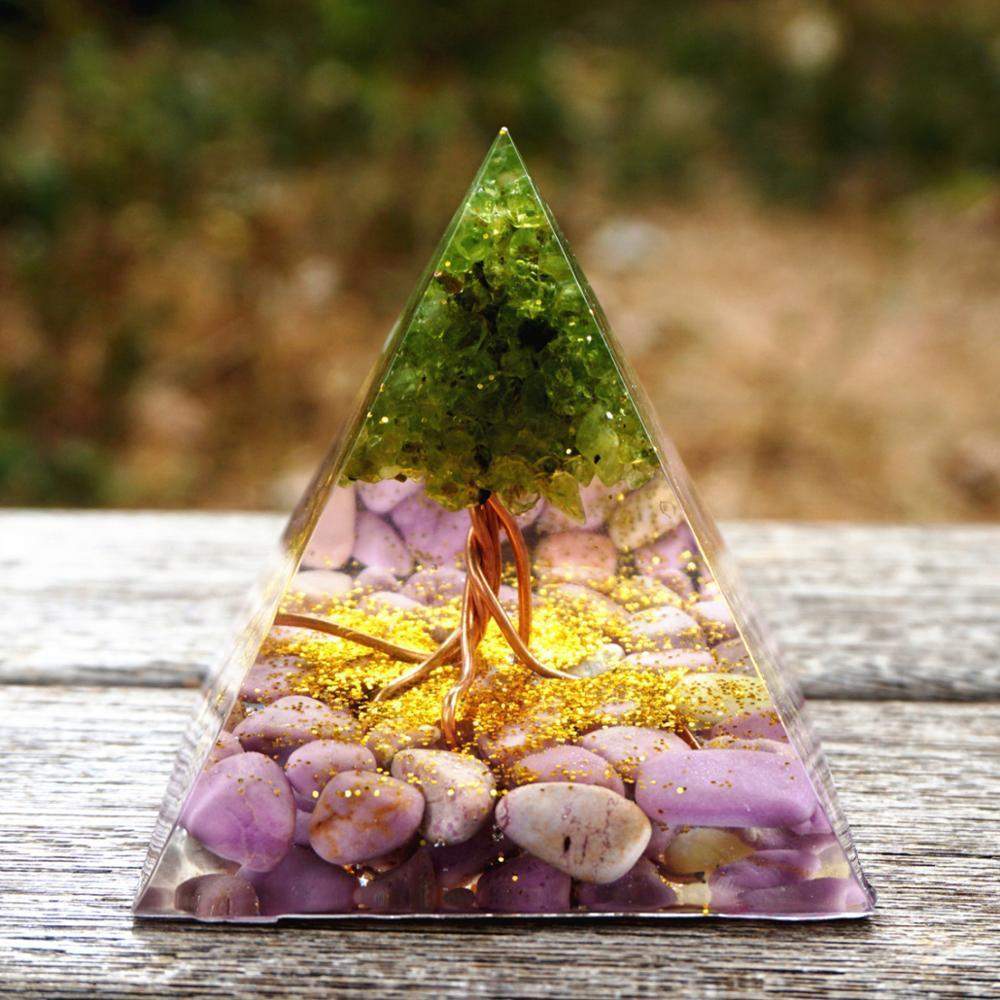 Tree of Life Peridot & Lepidolite Orgone Pyramid Blackbrdstore