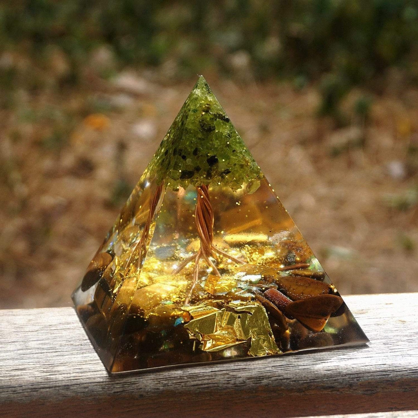 Tree of Life Peridot With Charoite Orgone Pyramid Blackbrdstore