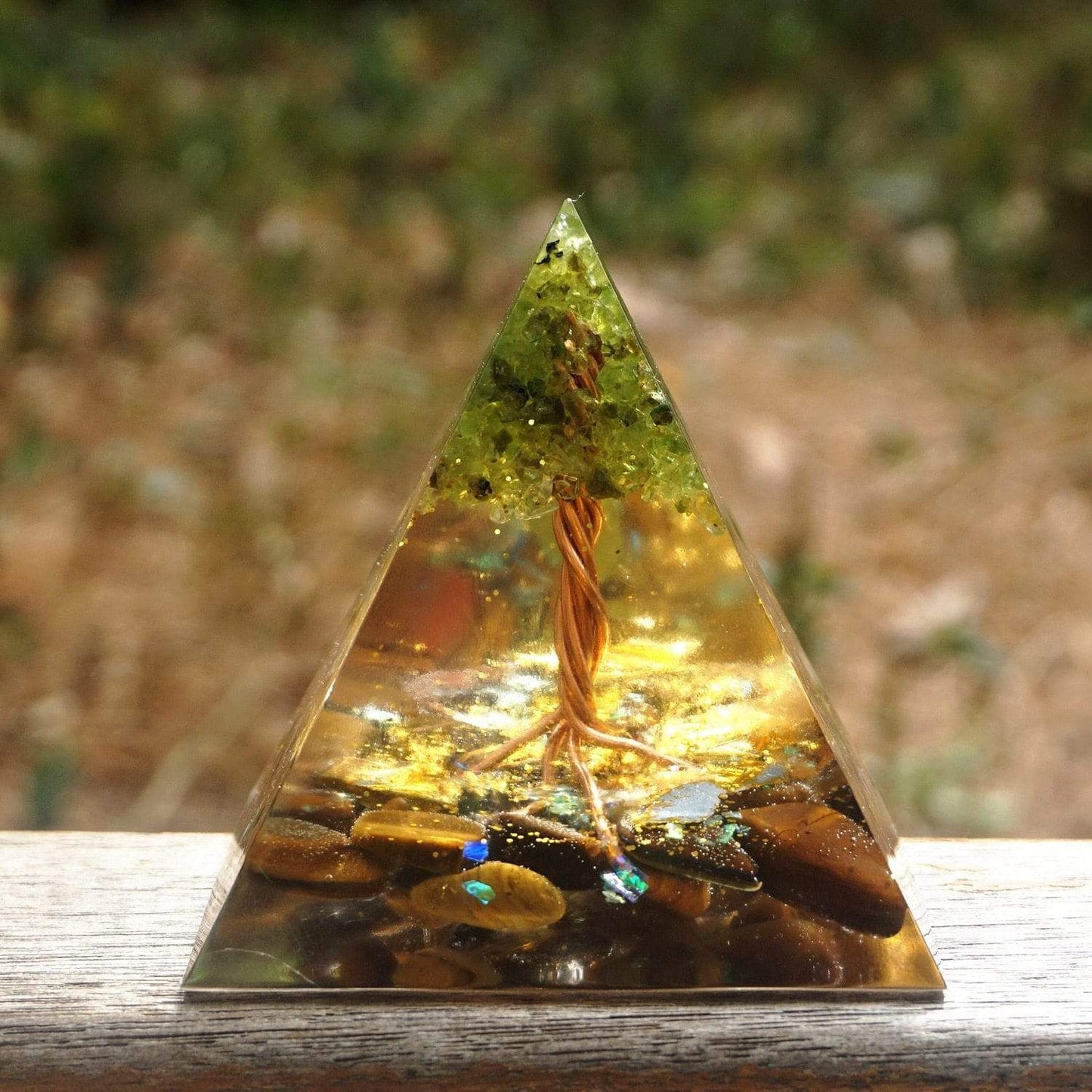 Tree of Life Peridot With Charoite Orgone Pyramid Blackbrdstore