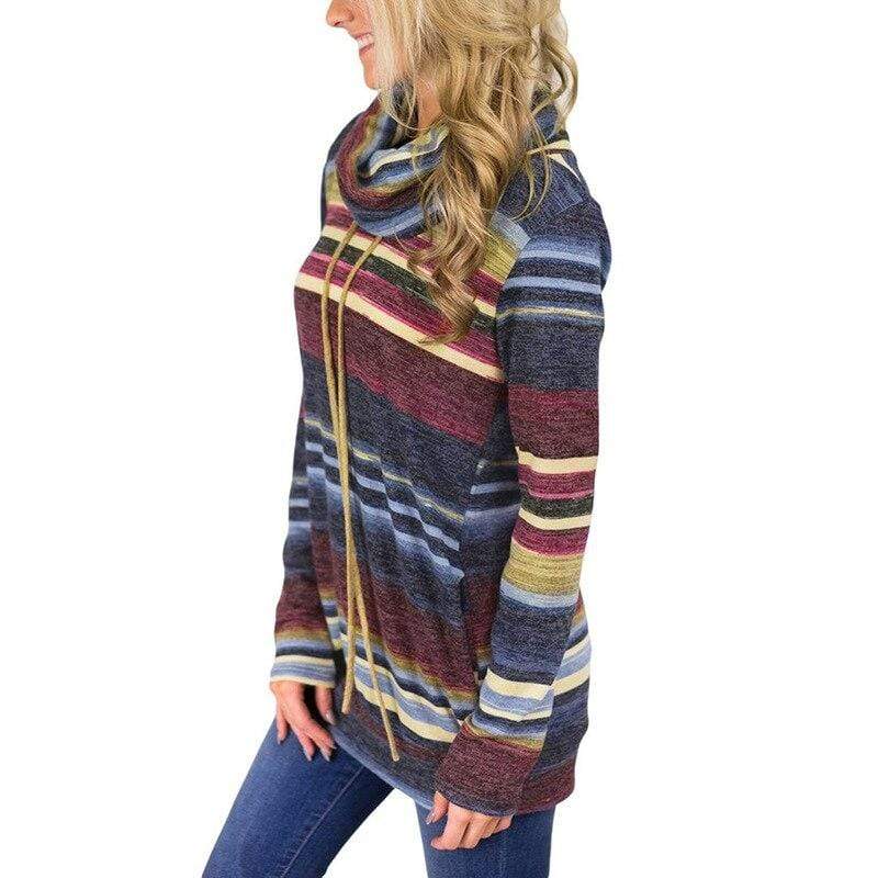 Turtleneck Striped Print  Hoodie Blackbrdstore