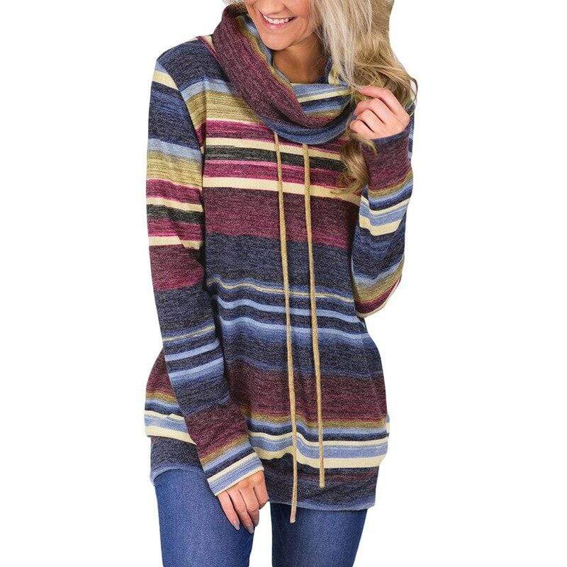 Turtleneck Striped Print  Hoodie Blackbrdstore