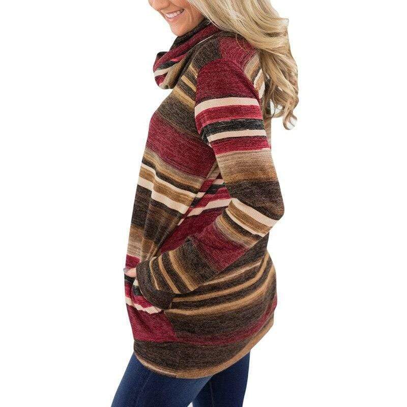 Turtleneck Striped Print  Hoodie Blackbrdstore