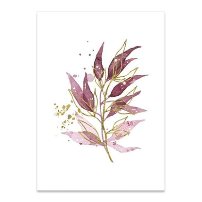 Watercolor Gold Purple Leaves Canvas Wall Art Blackbrdstore