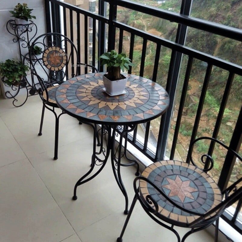 Blackbrdstore Mosaic Wrought Iron Balcony Table Set